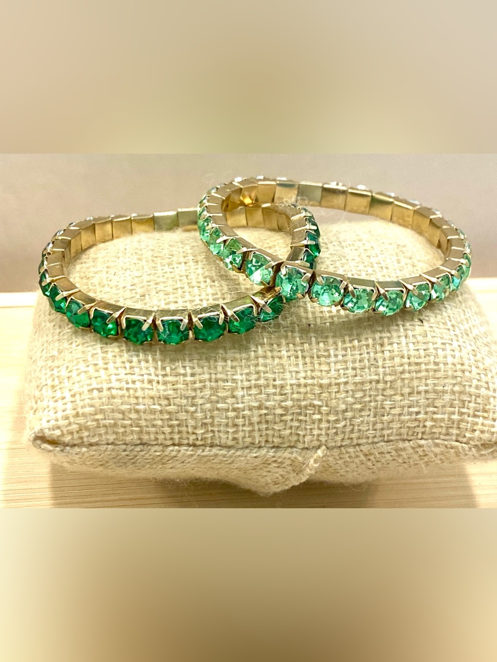 Gold-Tone Stretch Bracelet Set with Emerald-Green Crystal Tennis Design
